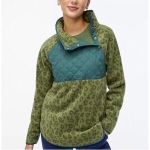 J. Crew Factory | Quilted Button Neck Sherpa Tunic Sweater Leopard Green Large